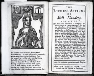 Frontispício e página de título de &39;A vida e as ações de Moll Flanders&39; por Daniel Defoe, publicado em 1723